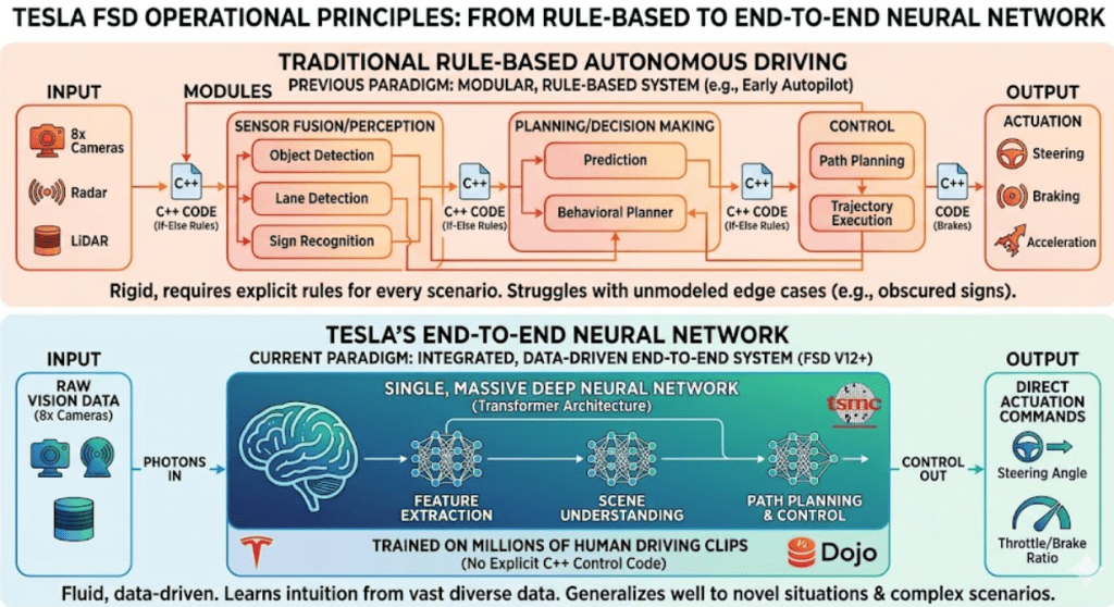 기존 Rule-based 시스템(수많은 모듈과 C++ 코드)과 End-to-End 신경망(비전 입력 -> 조향 출력)의 구조적 차이를 한눈에 보여주는 비교 다이어그램