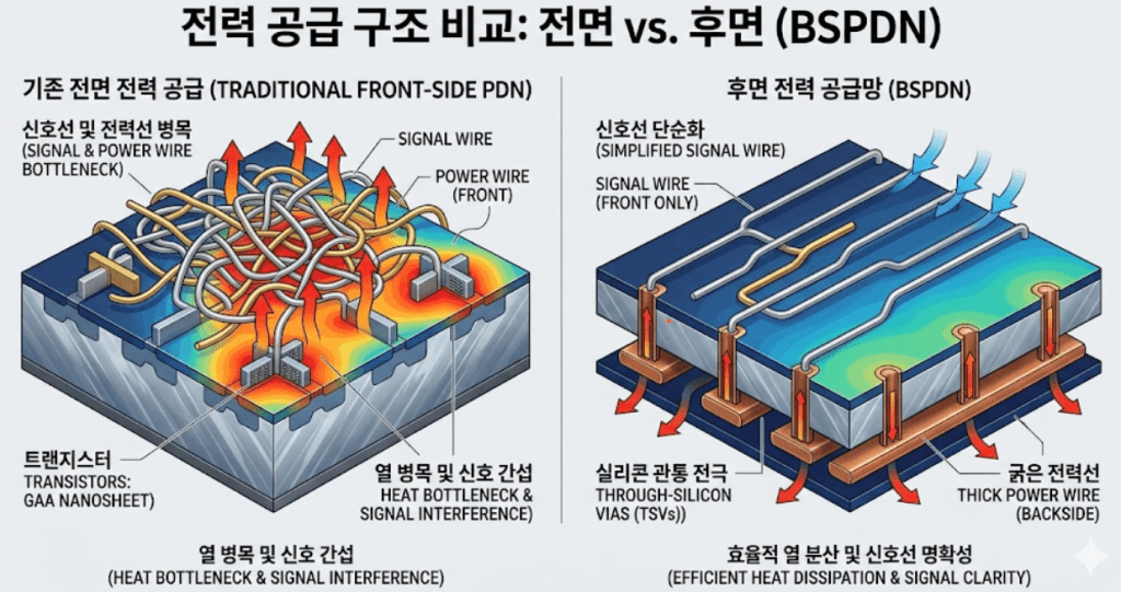 BSPDN(후면 전력 공급) 단면도 이미지로 기존 전면 공급 방식(스파게티 같은 구조)과 후면으로 분리된 구조를 직관적으로 비교할 수 있는 다이어그램
