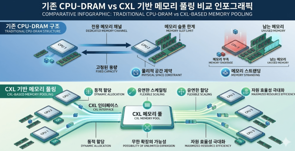 기존 CPU-DRAM 구조와 CXL 기반 메모리 풀링 구조 비교 인포그래픽