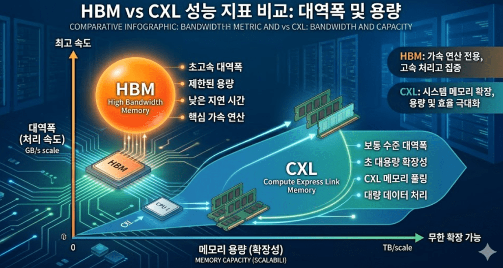 HBM과 CXL의 성능인 대역폭과 용량을 비교한 그래프