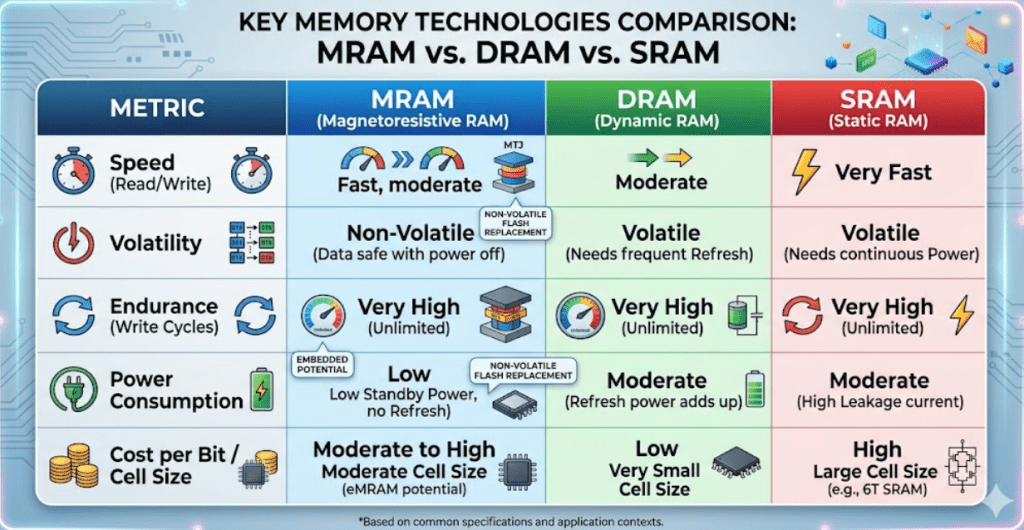 MRAM, DRAM, SRAM의 속도, 휘발성, 내구성, 전력 소모량을 한눈에 비교한 표 이미지