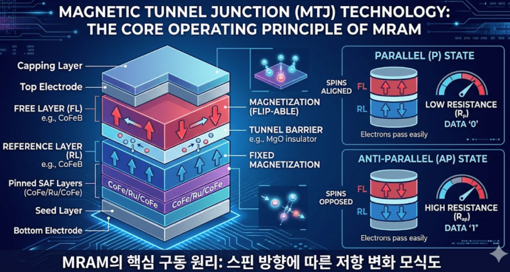 MRAM의 핵심 구동 원리인 MTJ의 적층 구조와 스핀 방향에 따른 저항 변화를 나타낸 모식도