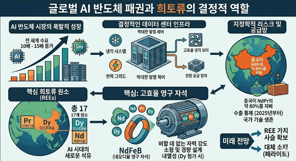 희토류와 글로벌 AI반도체와의 관계를 보여주는 인포그래픽