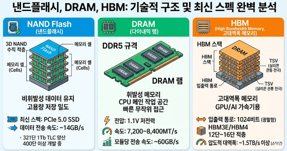 대표 메모리 반도체 3개에 대한 구조 및 스펙 비교 인포그래픽