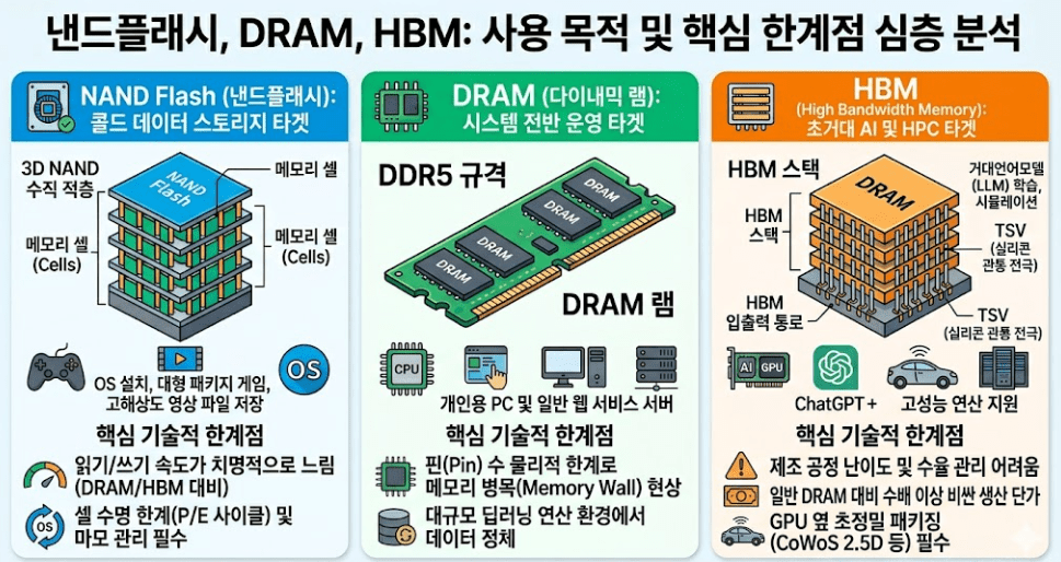 대표 메모리반도체 3개의 사용목적 및 한계점 분석 인포그래픽